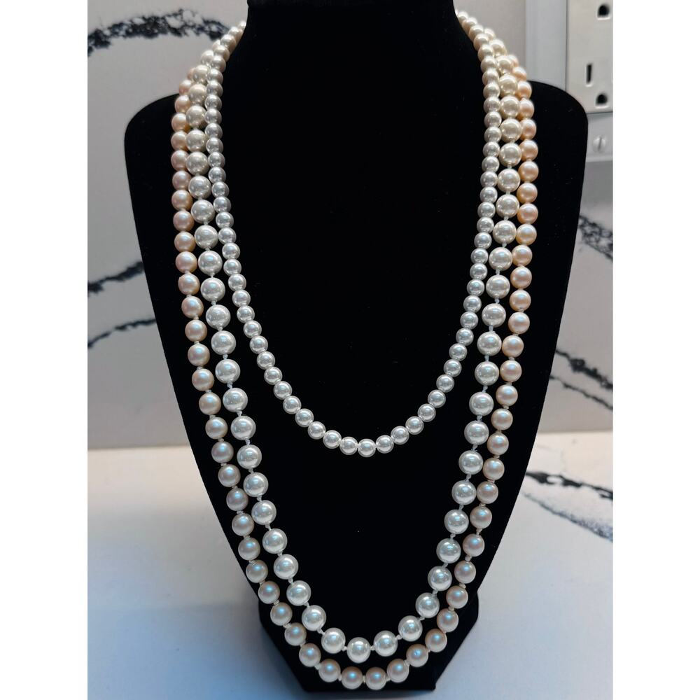 3 Pc Faux Pearl Necklace Stack Set Layered Ivory Pink White Vintage Style